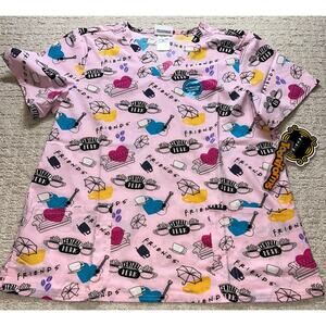 Tooniforms Scrub Top‎ Womens XL Pink Friends Central Perk V-Neck Nurse Print